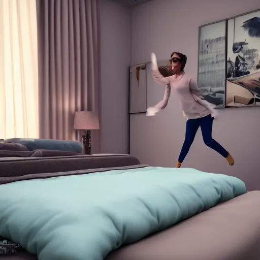 Image similar to in my bedroom my gsd puppy gets the zoomies and jumps around on the bed. the bed has a color comforter that's unmade. high energy, frenetic craziness, running, jumping, and chasing. cg animation, 3 d octane render, imax 7 0 mm, rtx,