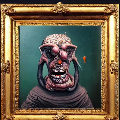 Image similar to oil painting with black background by christian rex van minnen robert williams todd schorr of a portrait of an extremely bizarre disturbing mutated man with acne intense chiaroscuro lighting perfect composition masterpiece