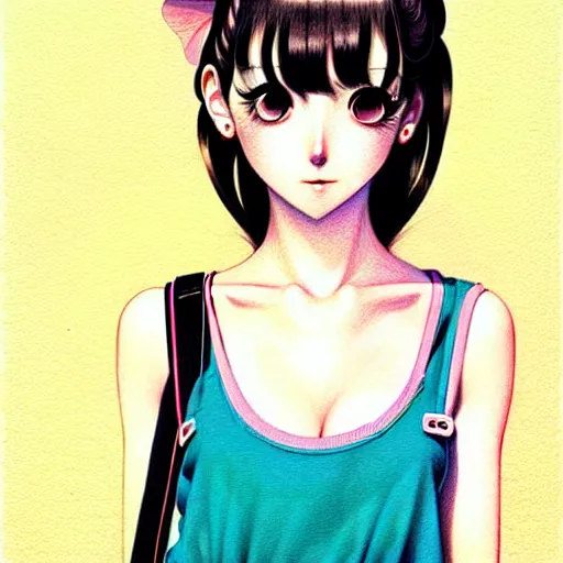 Image similar to richly detailed color  illustration of a dainty pretty young woman wearing a tank top, 'go-go' is the theme, very soft shadowing, smooth textures, large scale image. art by Range Murata.