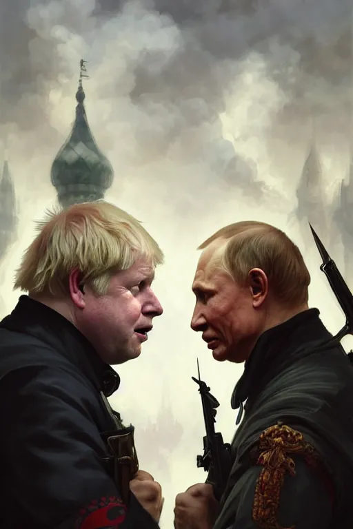 Image similar to aggressive Boris Johnson vs scared Putin, face to face, civil war style, highly detailed, digital painting, artstation, concept art, smooth, sharp focus, illustration, cinematic lighting, art by artgerm and greg rutkowski and alphonse mucha