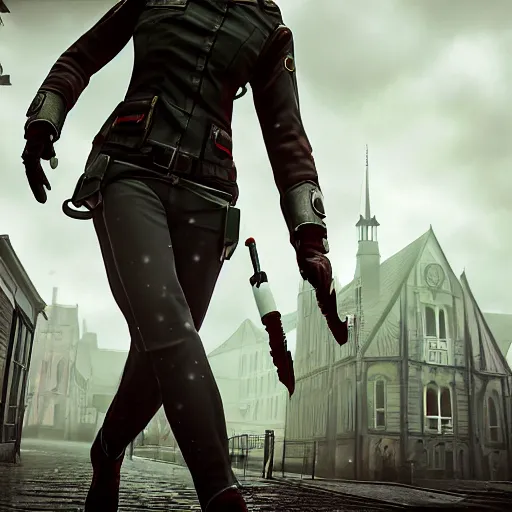 Image similar to annie leonhart in dunwall city wearing recon corps uniform running on a gothic house roof, redshift render, cinematic lighting, rainy weather, melancholy atmosphere, dunwall city, volumetric light, octane render, dishonored game, dishonored 1, gothic architecture, realistic reflections, octane render 8 k