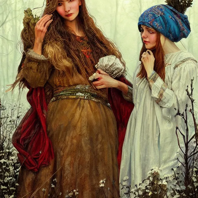 Image similar to russian folk fairytales, an ultrafine detailed painting, academic art, detailed realistic faces, artstation, by pavel korin, viktor vasnetsov