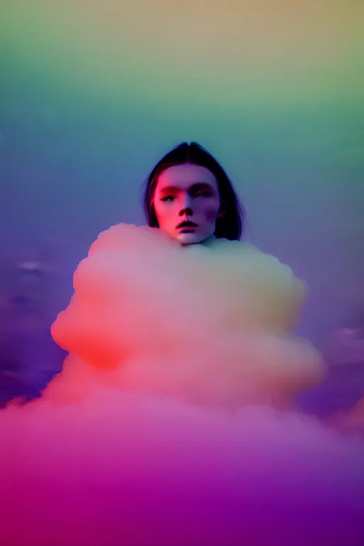 Image similar to high quality pastel coloured film close up wide angle photograph of a model wearing clothing resting on cloud furniture in a icelandic black rock!! environment in a partially haze filled dreamstate world. three point light, rainbow. photographic production. art directed. pastel colours. volumetric clouds. pastel gradient overlay. waves glitch artefacts. extreme facial clarity. 8 k. filmic.