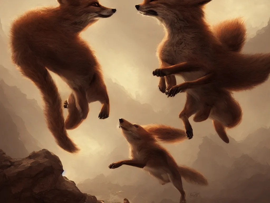 Image similar to The quick brown fox jumped over the lazy dog, intricate, elegant, highly detailed, digital painting, artstation, concept art, smooth, sharp focus, illustration, daren bader, aleksi briclot, rutkowski, bouguereau