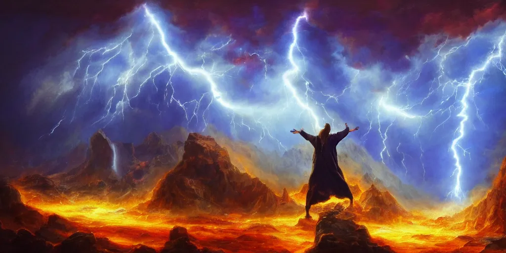 Image similar to wizard in front of magical explosion, lightning, fantasy, oil painting, concept art, 8 k