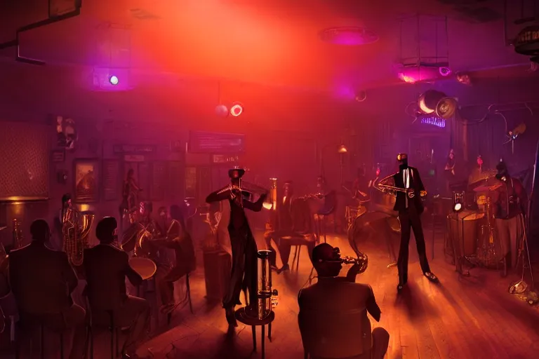 Prompt: a steampunk black man with long curly hair jazz musicians playing at a night club, focus on the musicians, cinematic lighting, exaggerated detailed, unreal engine, octane render, trending on artstation, art by greg rutkowski, 4 k