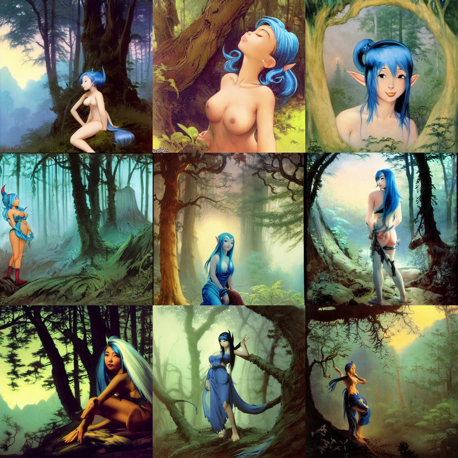 Prompt: beautiful young Asian elf woman with elf ears and blue hair in a hazy forest at dusk, by Frank Frazetta