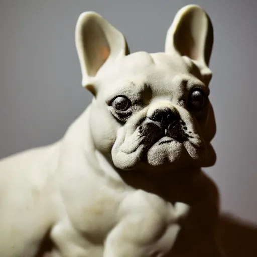 Image similar to a photo of a marble sculpture of a French bulldog, 35mm, Pentax