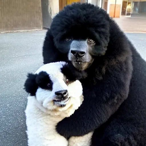 Prompt: a photo of a black poodle dog and a panda together,