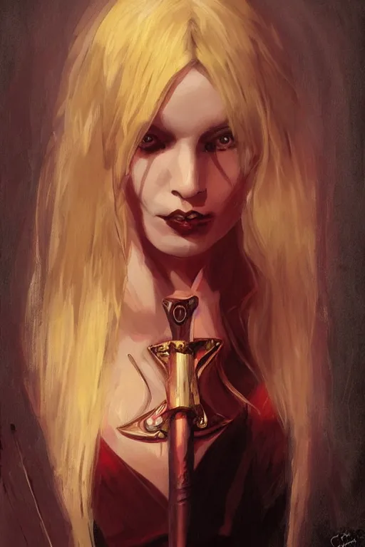 Image similar to female occultist, sweeping wild blonde hair!!, red eyes!!, portrait, high cheekbones, smug, evil, Victorian, black velvet dress, dark colors, ruby jewelry, moody, nefarious, villain, crimson halo, fantasy painting, trending in artstation, cgsociety, by Craig Mullins, Charlie Bowater, Brom