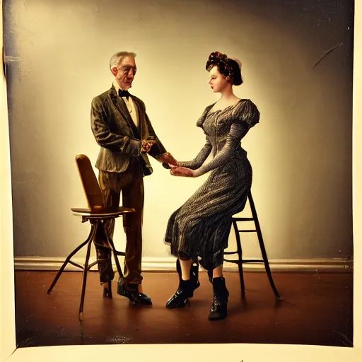 Image similar to a beautiful ultradetailed fine art old vintage couples portrait photo of cyborgs sitting on a chair and standing, by tom bagshaw and zach sutton, couples portrait, vignette, 3 5 mm lens, golden ratio composition, studio photography, very detailed, humanoids, artstation, 8 k, highly coherent