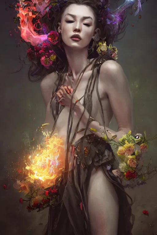 Image similar to beautiful girl necromancer, witch - doctor exploding into flowers, angels, 3 d render, hyper - realistic detailed portrait, holding fire and electricity rainbow, ruan jia, wlop. scifi, fantasy, magic the gathering, hyper detailed, octane render, concept art, peter mohrbacher