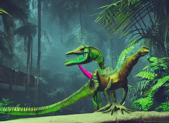 Prompt: a cg render of a colorful 🦖 in a noir galactic jungle, 8 k, unreal engine, detailed, hyperrealistic, octane