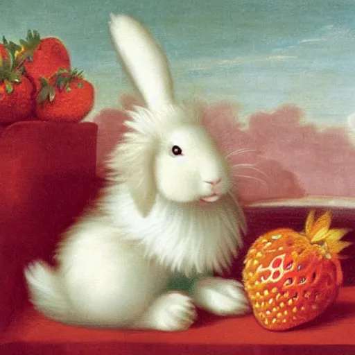 Image similar to a baroque painting of a fluffy white rabbit wearing a hat wasting a strawberry