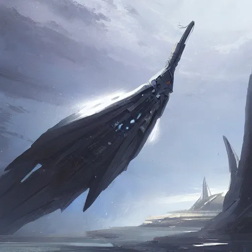 Image similar to concept art of a large space vessel in the shape of an spear by greg rutkowski