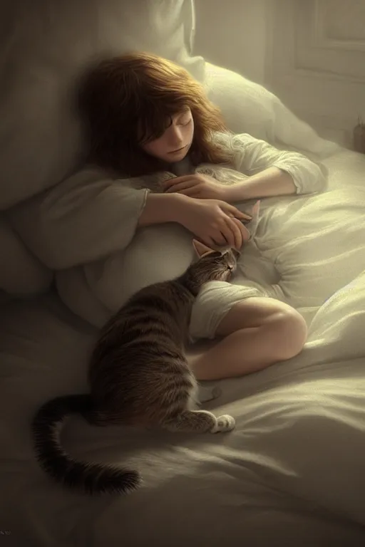 Image similar to young girl protagonist sleeping with a cat , accurate details, detailed full body, dramatic, intricate, elegant, highly detailed, digital painting, artstation, concept art, sharp focus, illustration, art by Gustave Dore, octane render