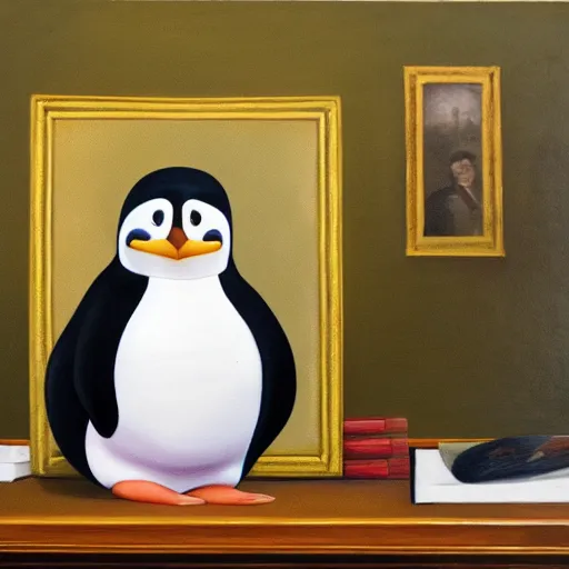 Prompt: oil painting of Pingu in the oval office