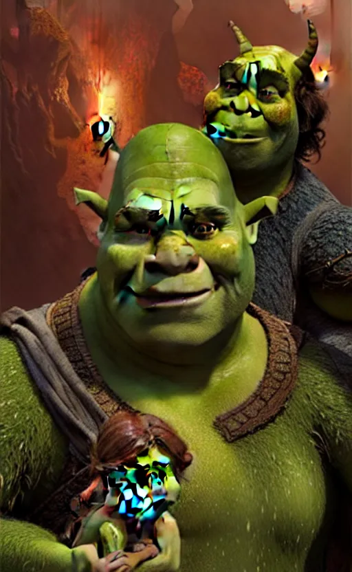 Image similar to shrek dragon gorgeous lighting by weta studio, mucha, bautista and norman rockwell and greg rutkowski and tom bagshaw and james gurney and lucasfilm