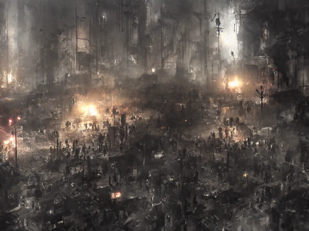 Prompt: detailed hell scene with people suffering and ghost, volumetric lighting, painting by jeremy mann