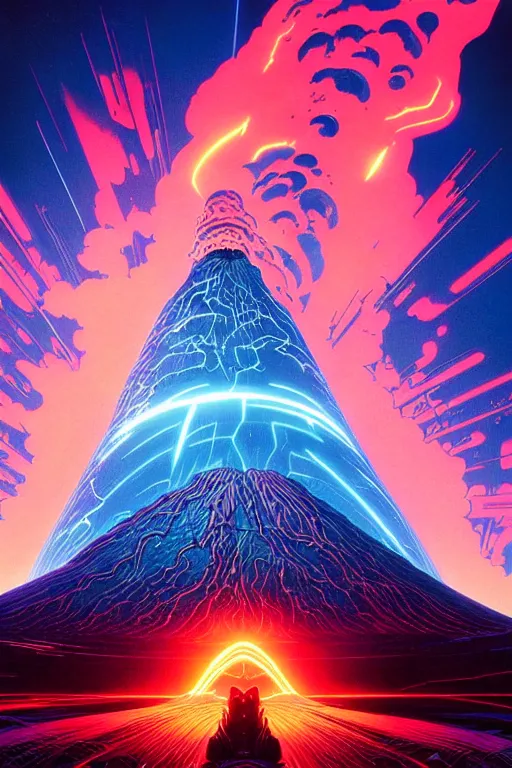 Image similar to artwork by kilian eng and toshi yoshida and franklin booth showing a futuristic powerstation!! in front of a ( ( exploding volcano ) ), in the style of tron, vintage scifi, high details, dramatic lightning,, 8 k