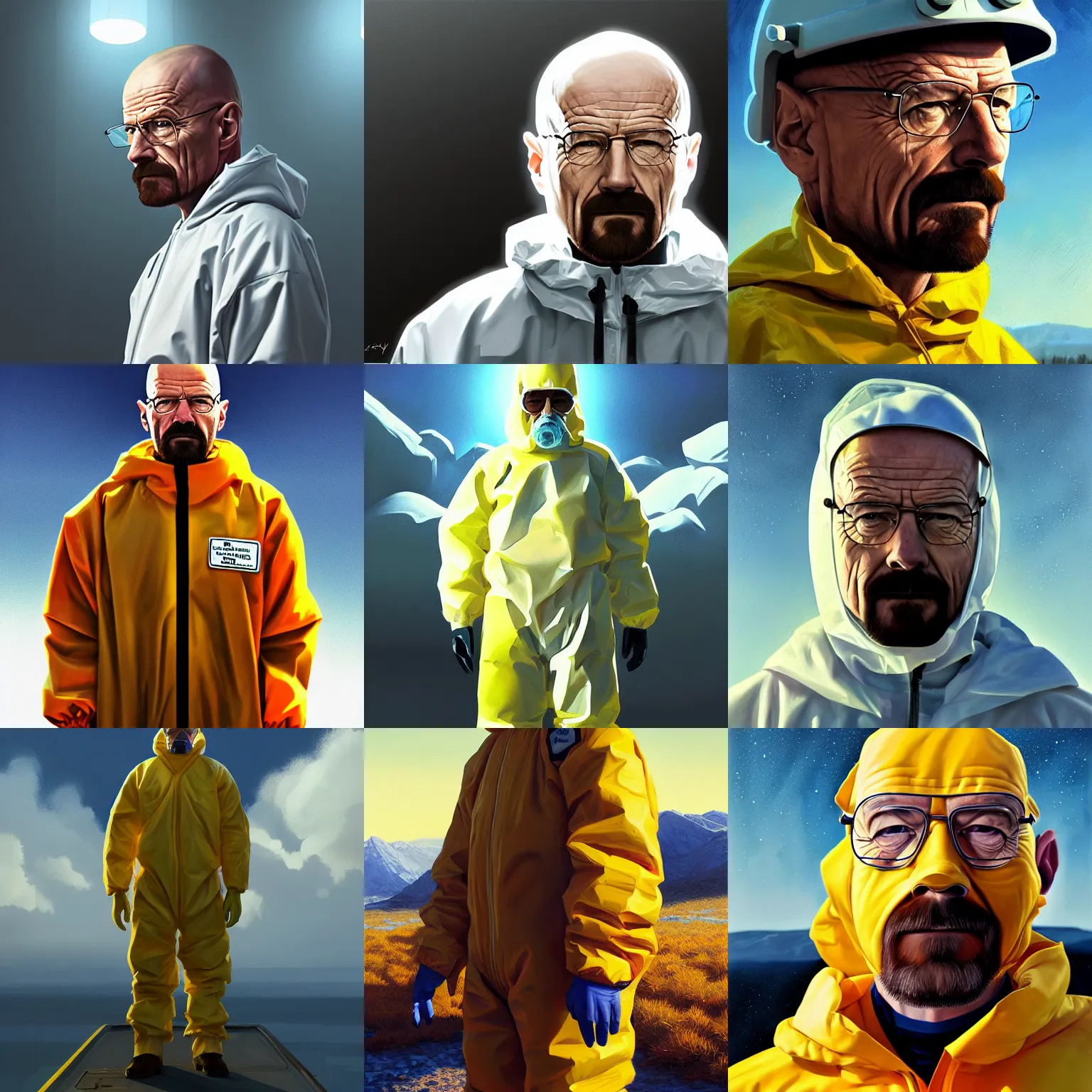 Prompt: Walter white in a hazmat suit, portrait, highly detailed, digital painting, artstation, concept art, sharp focus, illustration, by Evgeny Lushpin