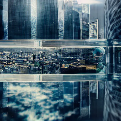 Image similar to huge city inside a water bubble, via tilt shift photography