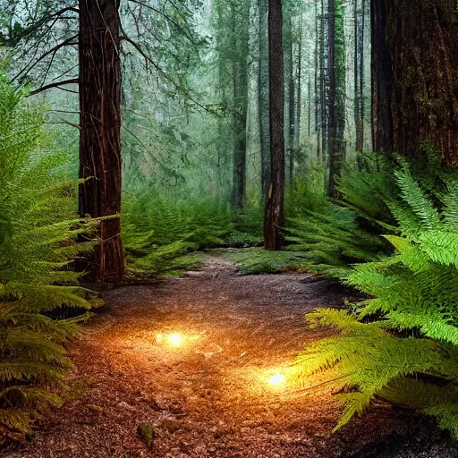Prompt: dark pine tree forest clearing, with a small stream burbling along enclosed with fern, fireflies in the air, photorealistic, dimly lit, no breeze, mist over the ground, ground covered in pine needles and leafes