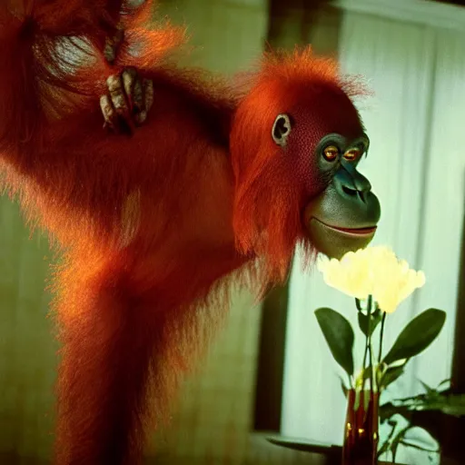 Prompt: movie still of an orangutan with the flowers head, cinematic composition, cinematic light, by edgar wright and david lynch, surrealist art