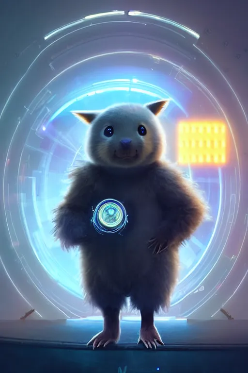 Image similar to high quality digital art sci - fi very cute fluffy! wombat!! cyborg soldier with futuristic mechanical legs, cyberpunk monocle!, highly detailed, unreal engine cinematic smooth, in the style of detective pikachu, hannah yata charlie immer, dark blue neon light, low angle, uhd 8 k, sharp focus