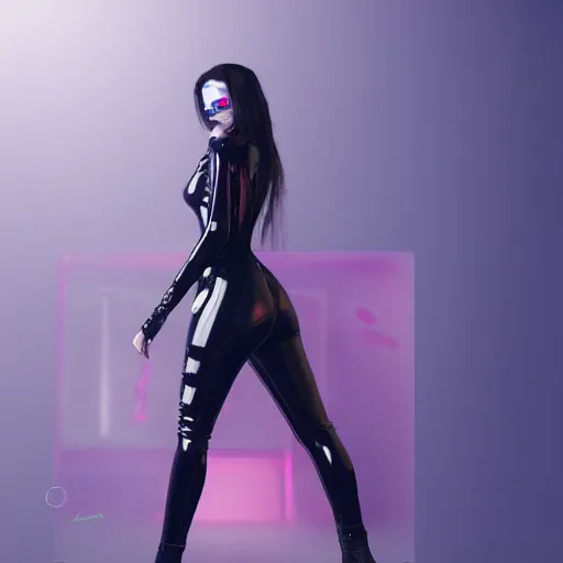 Image similar to futuristic cyberpunk lady dressed in latex catsuit, long hair, high heels, walking towards camera, cinematic, low angle, fog, wide angle, trending on art station