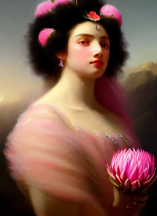 Image similar to stunning colombian godess princess, detailed pink and white protea head peace against a black backdrop by ivan aivazovsky, wlop, super sharp details, photorealism, 5 0 mm lens, oil painting, beautiful soft lighting, muted colours, artstation