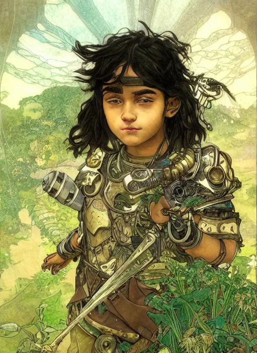 Image similar to portrait of a little cyborg warrior boy character sitting on top of a giant armored tiger a lush jungle, epic character with dark skin and beautiful green eyes. the boy has a very beautiful detailed symmetrical face, long black hair. diffuse night light, dramatic landscape, fantasy illustration, matte painting by mucha