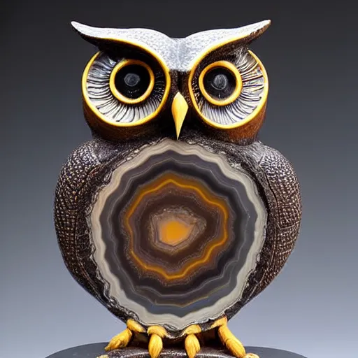 Prompt: symmetrical detailed sculpture of an owl, made of smooth agate