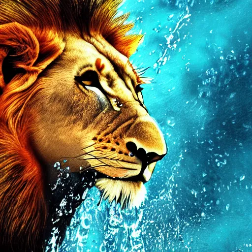 Image similar to a male lion's face breaching through a wall of water, water sprites, splashing, deep blue water color, highly detailed, realistic digital art