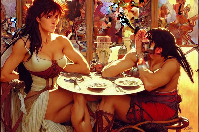 Image similar to xena warrior princess eating at a restaurant with a hispanic man art by artgerm and greg rutkowski and alphonse mucha