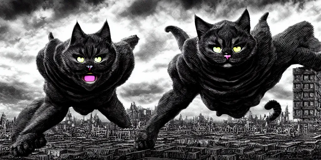 Prompt: Huge evil cat figure above a city, in the style of Kentaro Miura, Berserk, landscape, hyperdetailed, ultra quality, 4k, ultra details