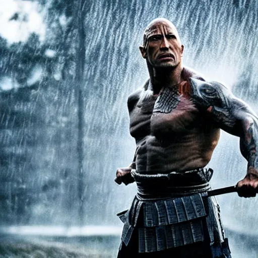 Prompt: Dwayne Johnson as samurai , under rain, dramatic, cinematic, an film still