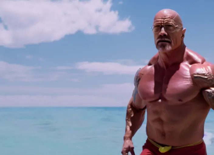 Image similar to film still of walter white as dwayne johnson in baywatch movie 2 0 1 7, 8 k