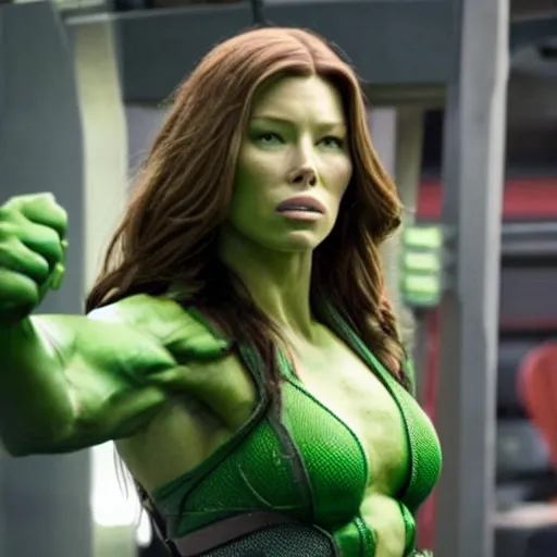 Image similar to jessica biel as green skinned hulk, gamora, she - hulk, green skin, muscular, bodybuilding woman, wheyfu, movie still