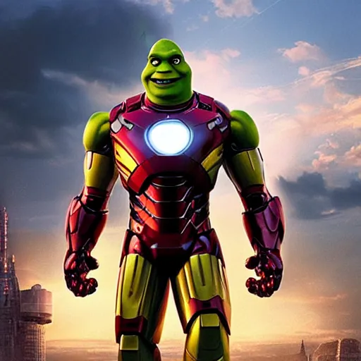 Image similar to “Shrek iron man, UHD, hyperrealistic render, 4k, cyberpunk”