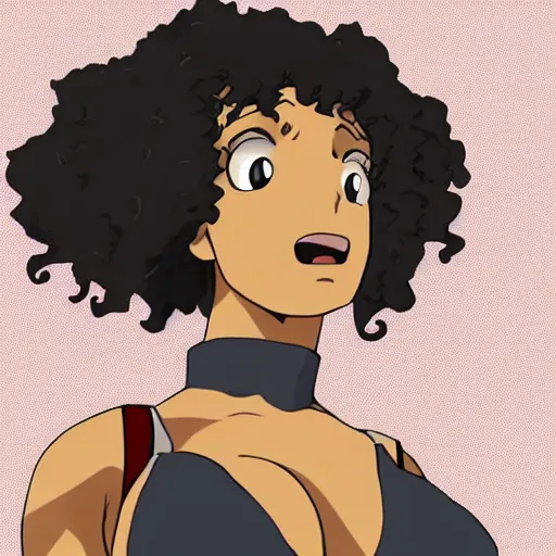 Image similar to A brown skinned woman with black curly hair as an anime character from cowboy bebop