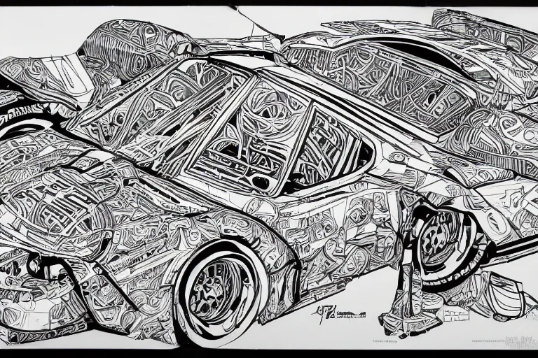 Image similar to a black and white drawing of a porsche 9 3 5 slantnose, a detailed mixed media collage by hiroki tsukuda and eduardo paolozzi and moebius, intricate linework, sketchbook psychedelic doodle comic drawing, geometric, street art, polycount, deconstructivism, matte drawing, academic art, constructivism