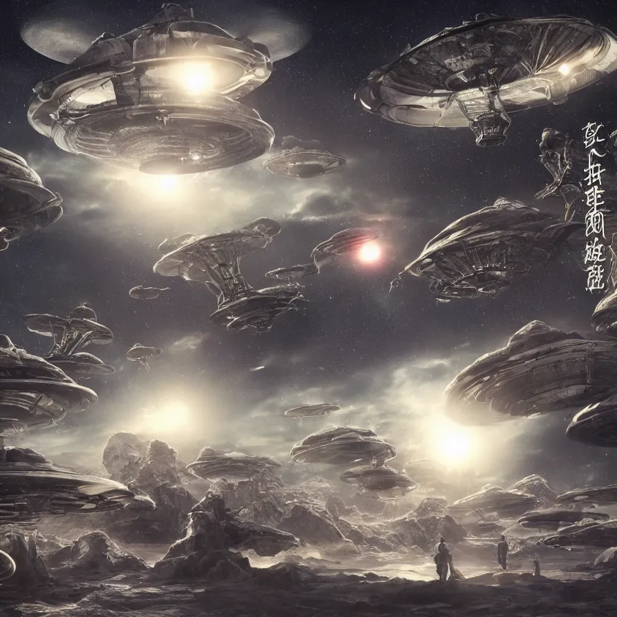 Prompt: realistic extremely detailed image of aliens and ufos ##Ufos## 8k masterpiece Ufos, vivid, japanese kanji everywhere, japanese kanji, kanji