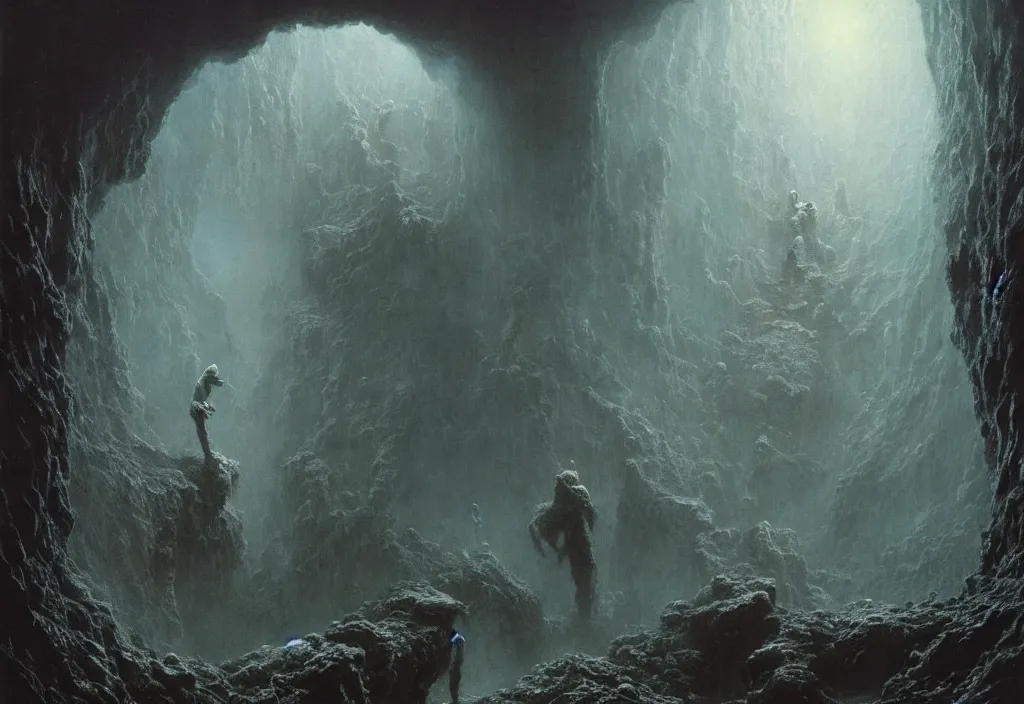 Image similar to will farrell and john c. reilly entering a chasm full of unspeakable cosmic horrors, horror, terrifying atmosphere, atmospheric, by greg rutkowski and zdzisław beksinski, 8 k