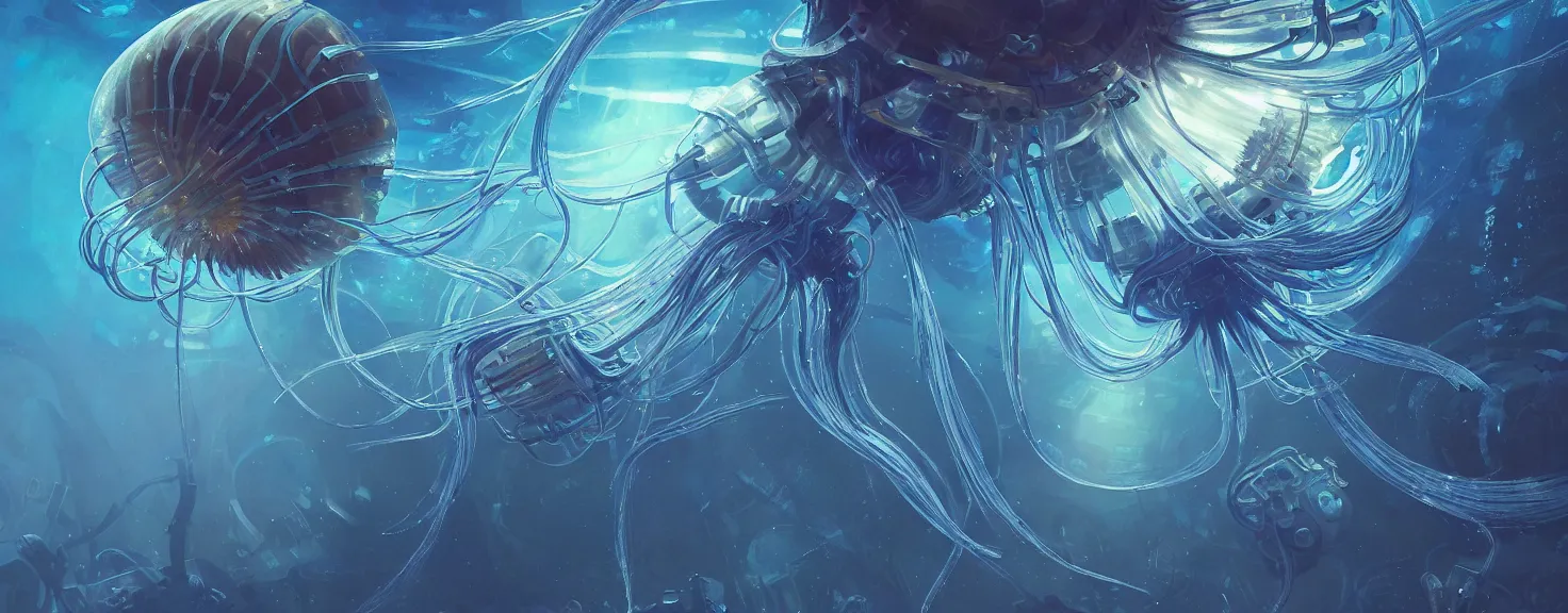 Image similar to Panorama hyper detailed painting of a cyberpunk jellyfish, blue tones, underwater, 8 mm, highly detailed, digital painting, artstation, concept art, smooth, sharp focus, illustration, art by artgerm and greg rutkowski and alphonse mucha