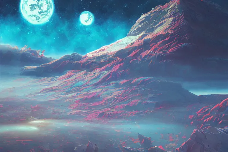 Image similar to space landscape, illustration painting, oil on canvas, intricate, portrait, detailed illustration, hd, digital art, overdetailed art, concept art, complementing colors, detailed, illustration painting by fort iron, digital art, overdetailed art, concept art, complementing colors rendered by beeple, syd meade,