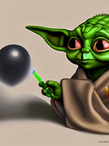 Prompt: baby yoda smocking a joint, weed, digital painting, artstation, highly detailed