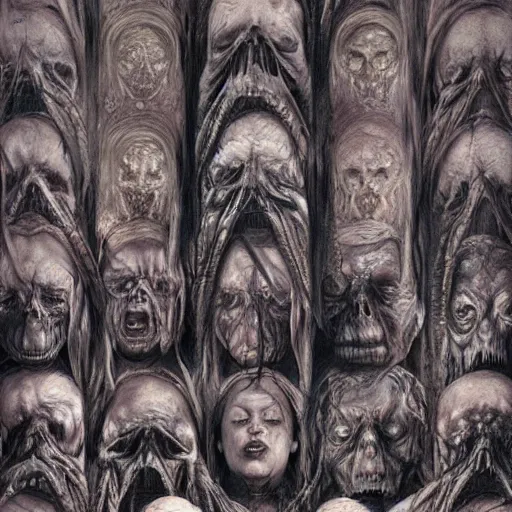 Prompt: a wall made of human faces in purgatory, creepy, melting, since, horror, art by wayne barlowe, giger, artgerm