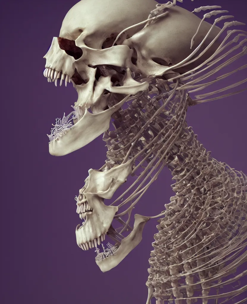 Image similar to goddess close-up portrait skeleton, ram skull, skeleton, thorax, x-ray, backbone, jellyfish phoenix head, nautilus, orchid, skull, betta fish, bioluminiscent creatures, intricate artwork by Tooth Wu and wlop and beeple. octane render, trending on artstation, greg rutkowski very coherent symmetrical artwork. cinematic, hyper realism, high detail, octane render, 8k