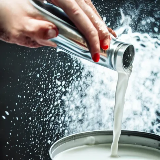 Prompt: an aluminum can being poured out out, pouring white liquid, pouring milk. advertisement, canned milk